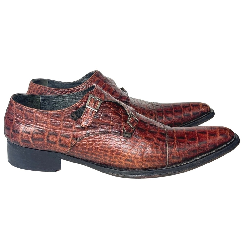 JM Weston Double Monk Strap Shoes Croc Emboss Exotic Leather FRANCE EU 48 US 14